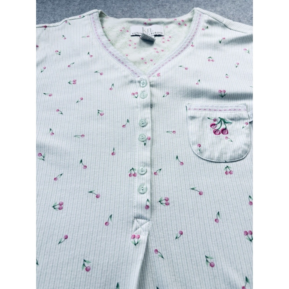 Vintage Karen Neuburger Nightgown L Floral Cherry Knit Henley Cottagecore 90s